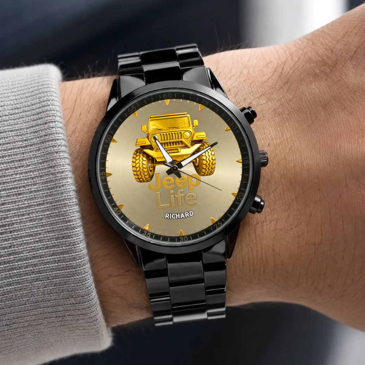 Personalized Jeep watch - black metal bracelet worn with a gray sweater