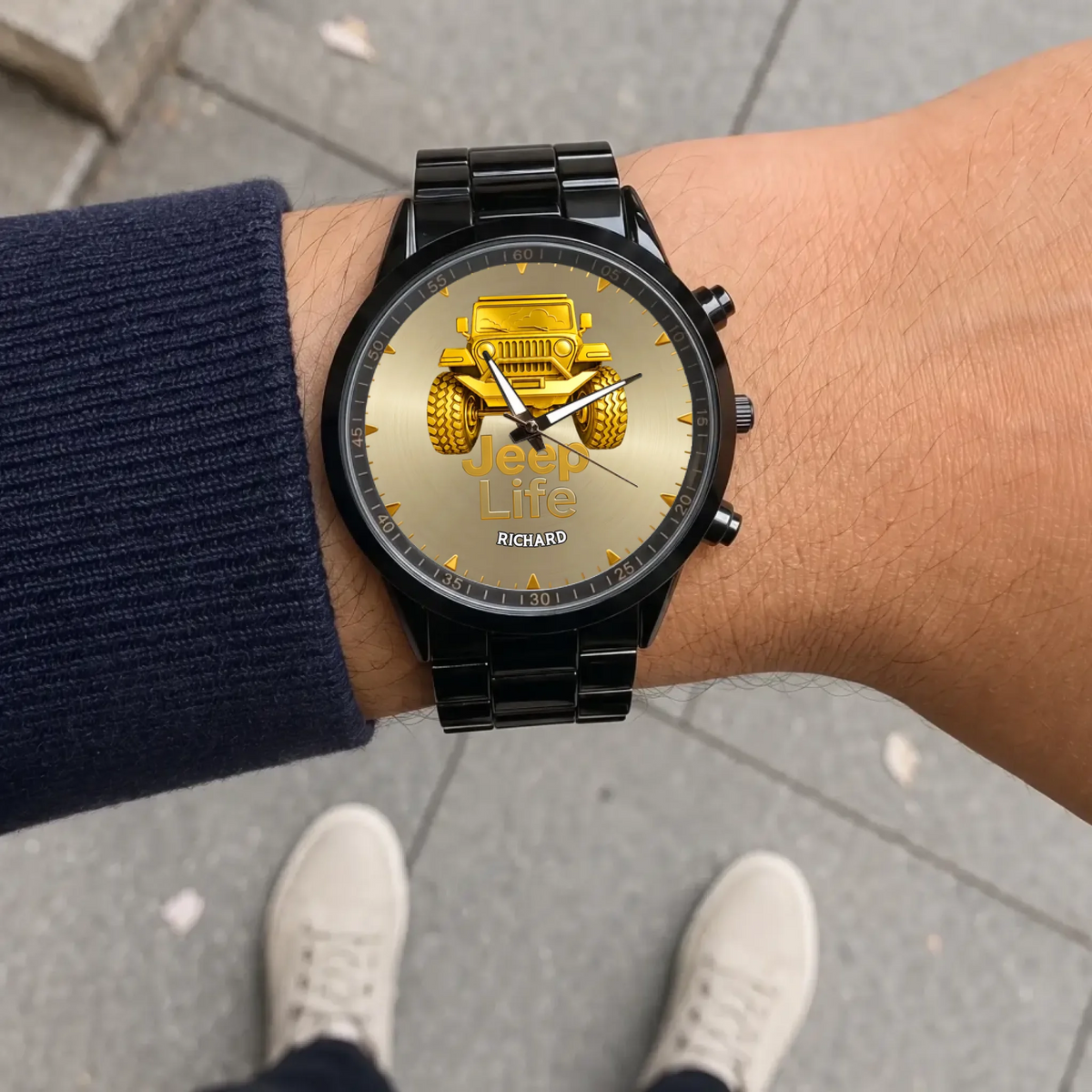 Personalized Jeep watch - black metal bracelet worn outdoors