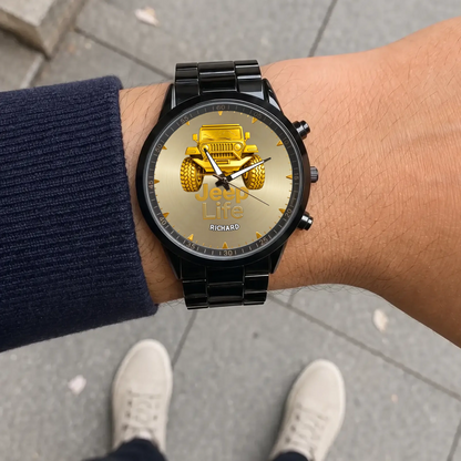 Personalized Jeep watch - black metal bracelet worn outdoors
