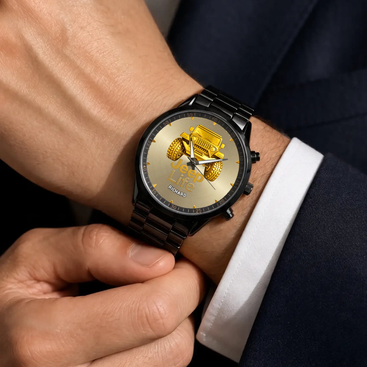 Personalized Jeep watch - black metal bracelet worn with a suit