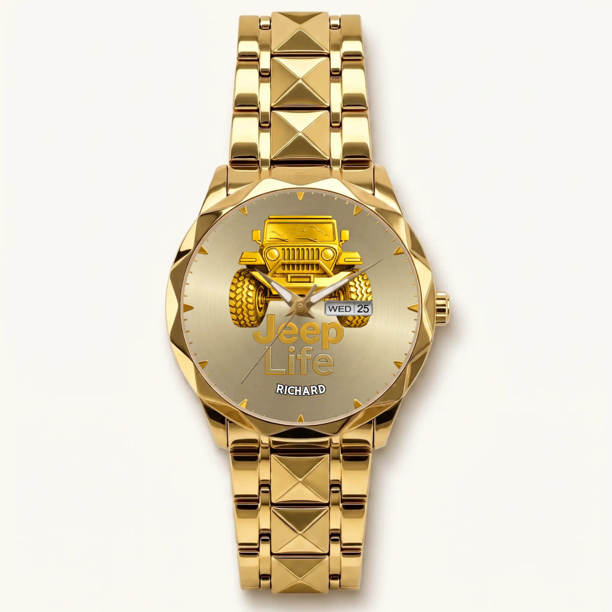 Personalized Jeep watch - gold-tone faceted bracelet and day-date display