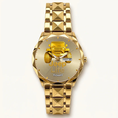 Personalized Jeep watch - gold-tone faceted bracelet and day-date display