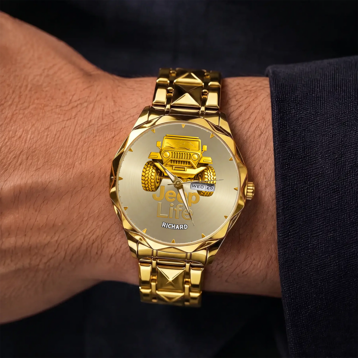 Personalized Jeep watch - gold-tone faceted bracelet shown on the wrist