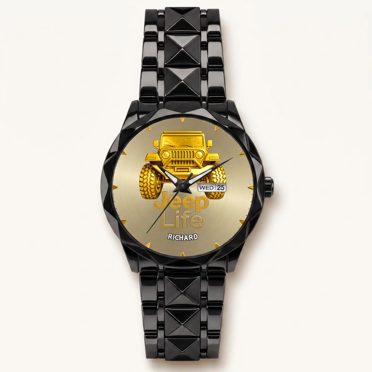 Personalized Jeep watch - black faceted bracelet and day-date display