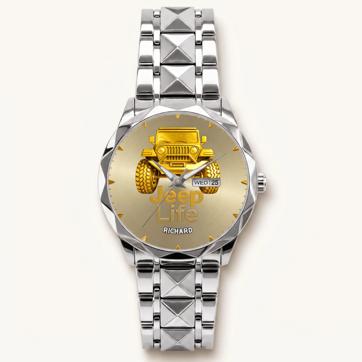 Personalized Jeep watch - silver-tone faceted bracelet and day-date display