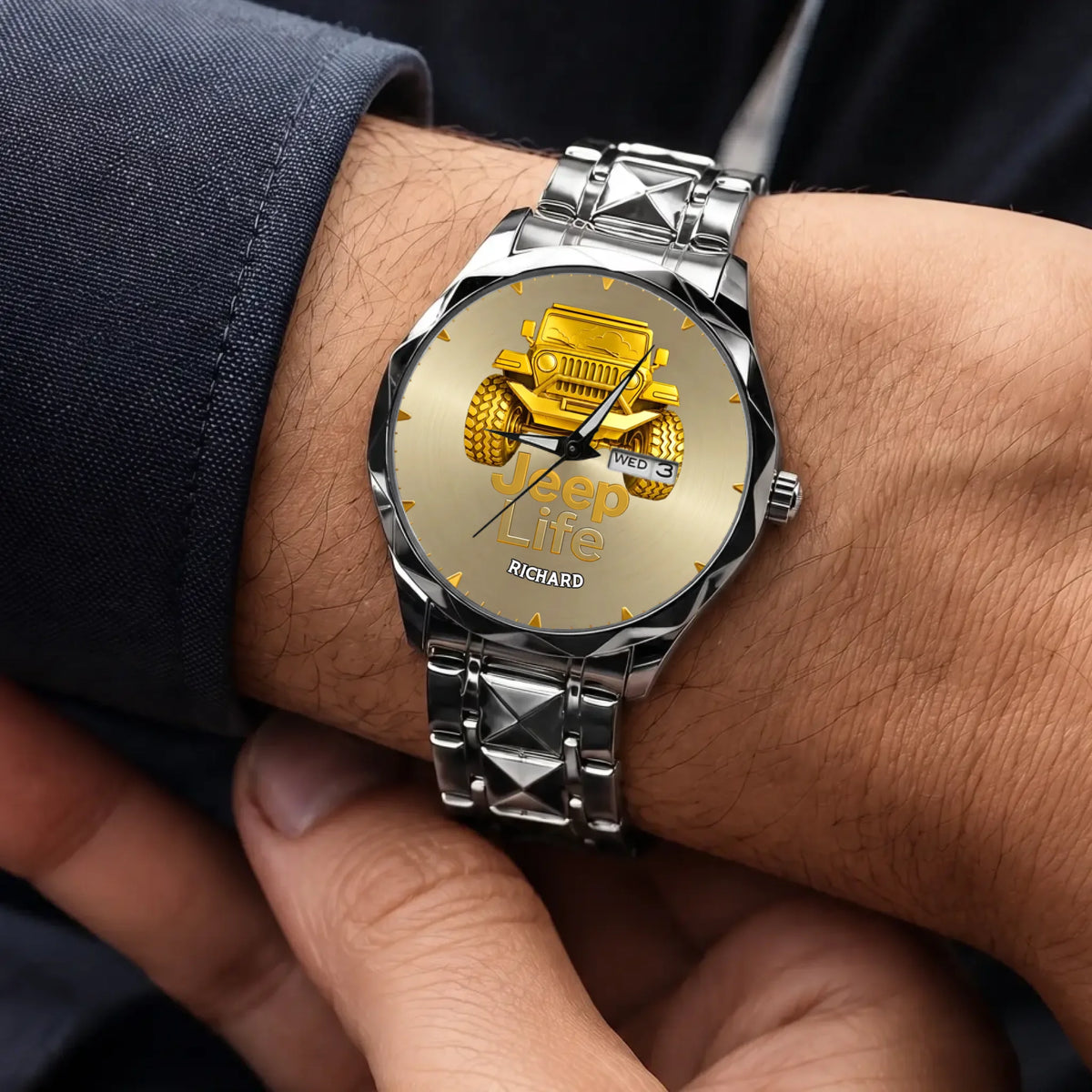 Personalized Jeep watch - silver-tone faceted bracelet worn with a suit