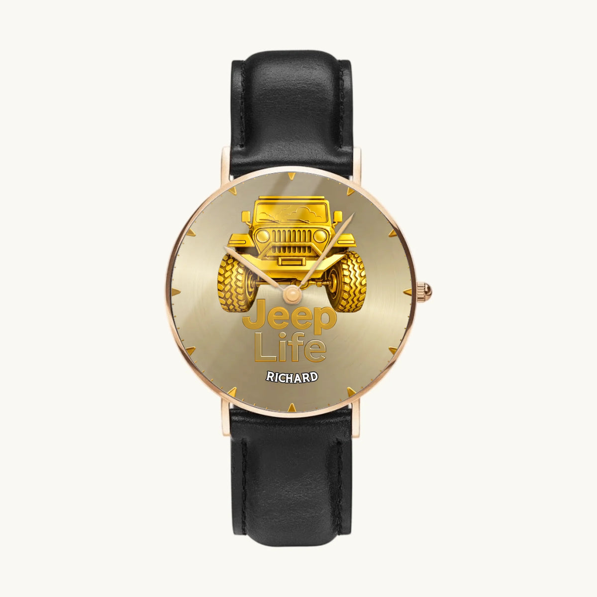 Personalized Jeep watch - rose-gold-tone case and black leather strap, front view