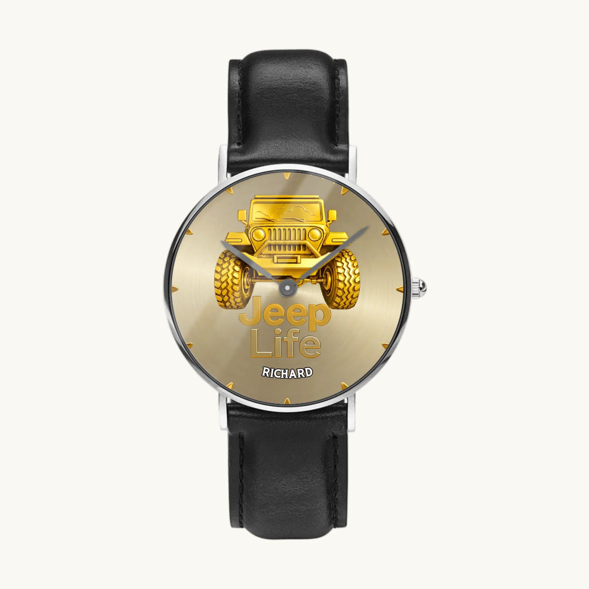 Personalized Jeep watch - silver-tone case and black leather strap, front view