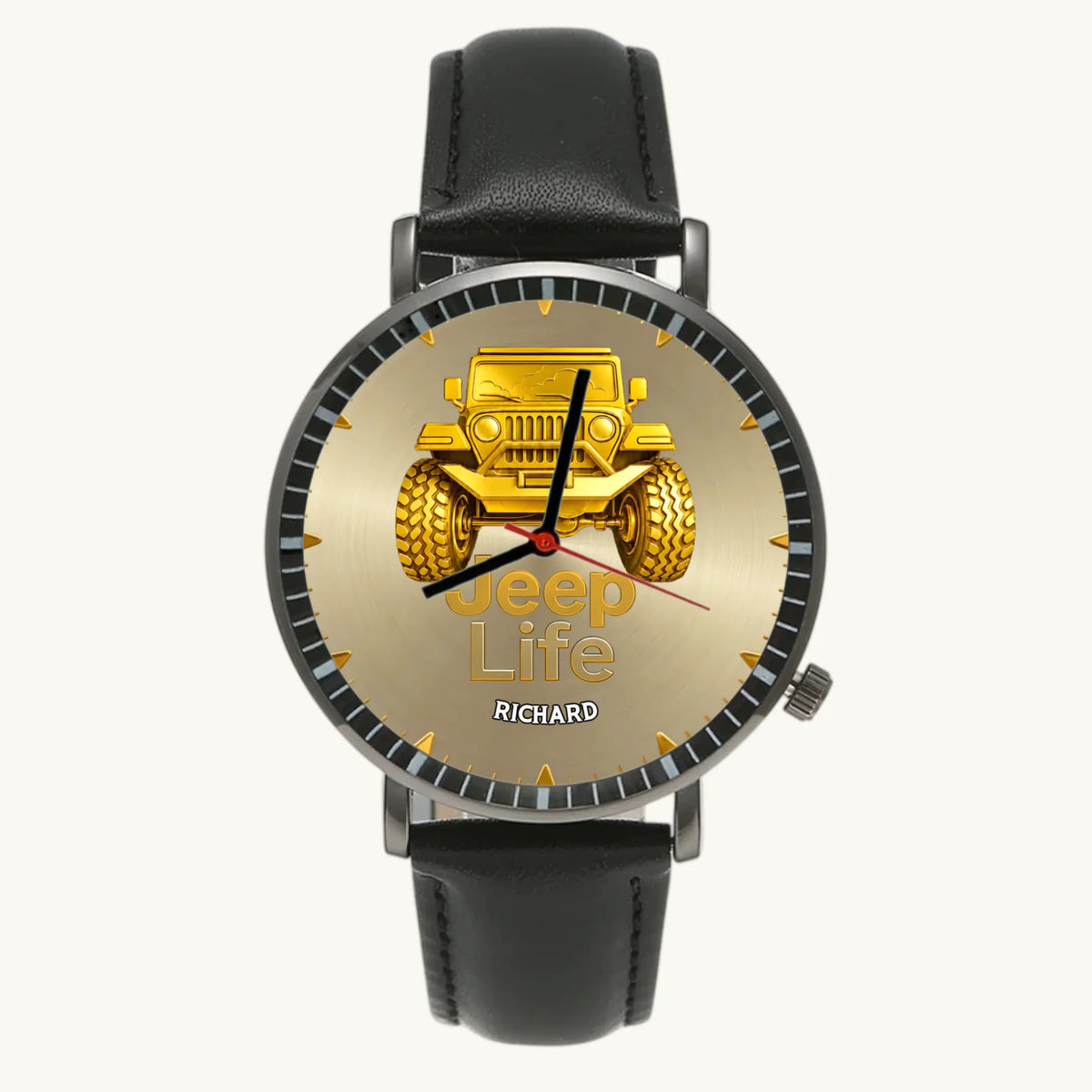 Personalized Jeep watch - black case and black leather strap, front view