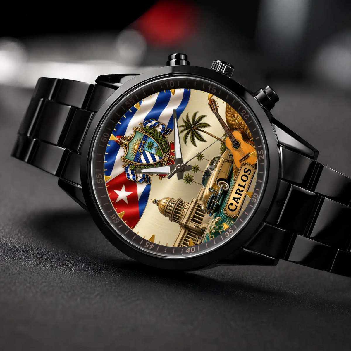 Personalized Cuban heritage watch - black metal bracelet, angled view on a dark surface