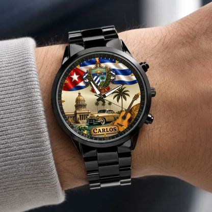 Personalized Cuban heritage watch - black metal bracelet worn with a gray sweater
