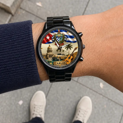 Personalized Cuban heritage watch - black metal bracelet worn outdoors