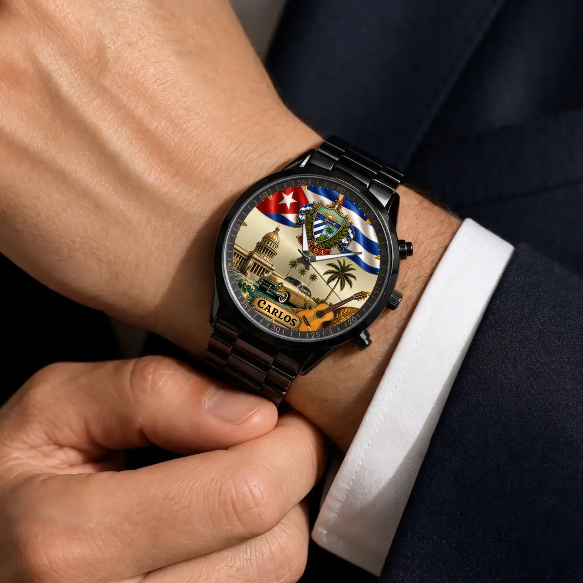 Personalized Cuban heritage watch - black metal bracelet worn with a suit