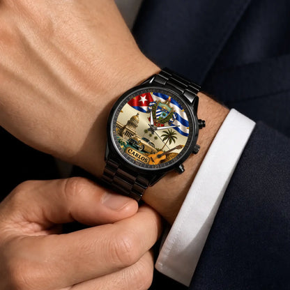 Personalized Cuban heritage watch - black metal bracelet worn with a suit