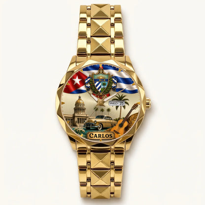 Personalized Cuban heritage watch - gold-tone faceted bracelet and day-date display