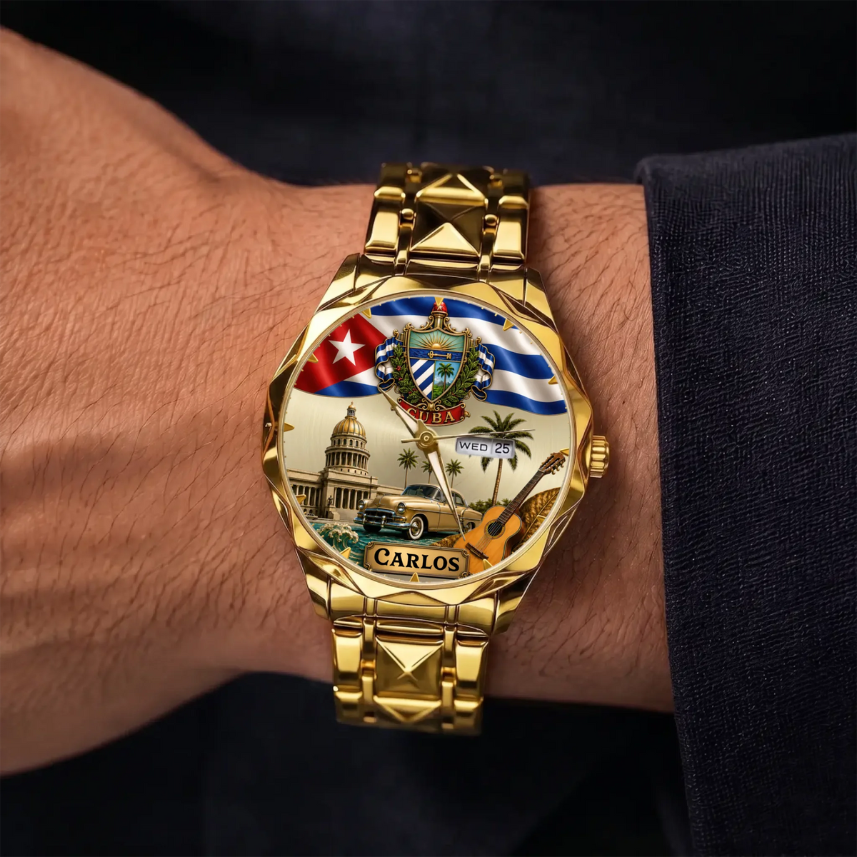 Personalized Cuban heritage watch - gold-tone faceted bracelet shown on the wrist