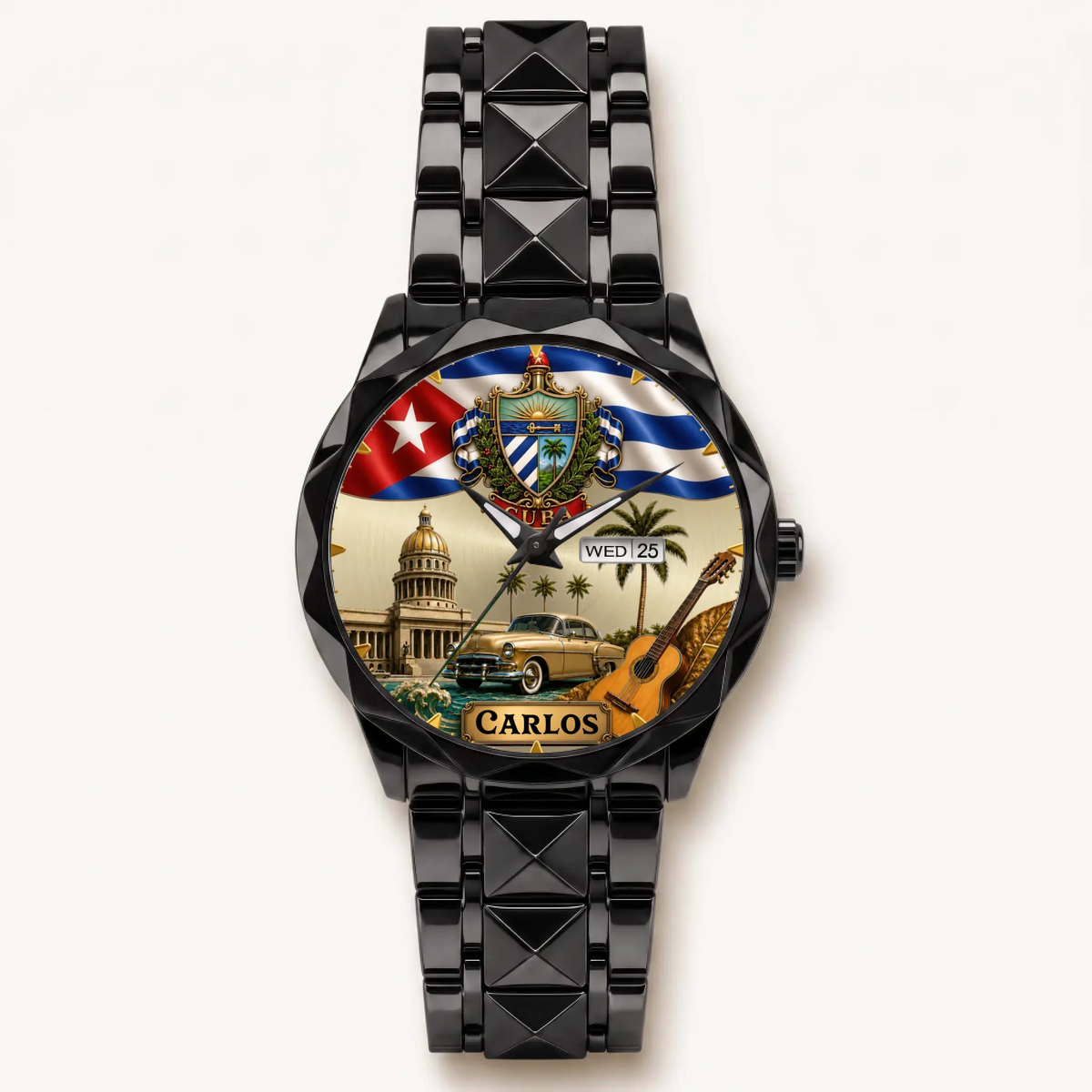 Personalized Cuban heritage watch - black faceted bracelet and day-date display