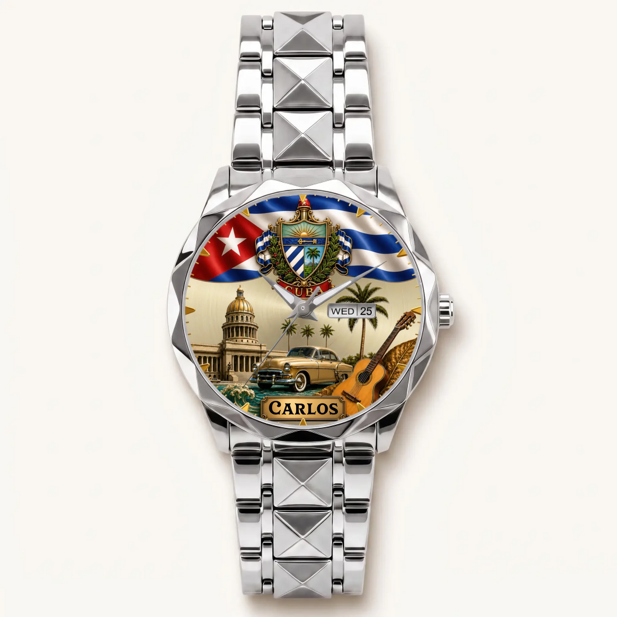 Personalized Cuban heritage watch - silver-tone faceted bracelet and day-date display