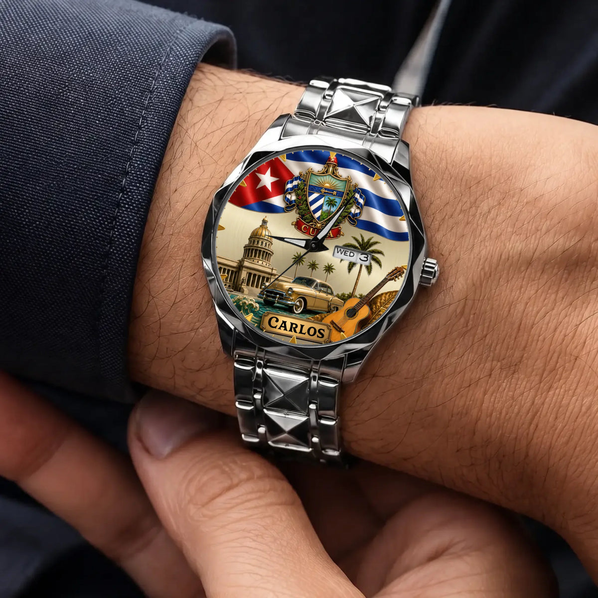 Personalized Cuban heritage watch - silver-tone faceted bracelet worn with a suit