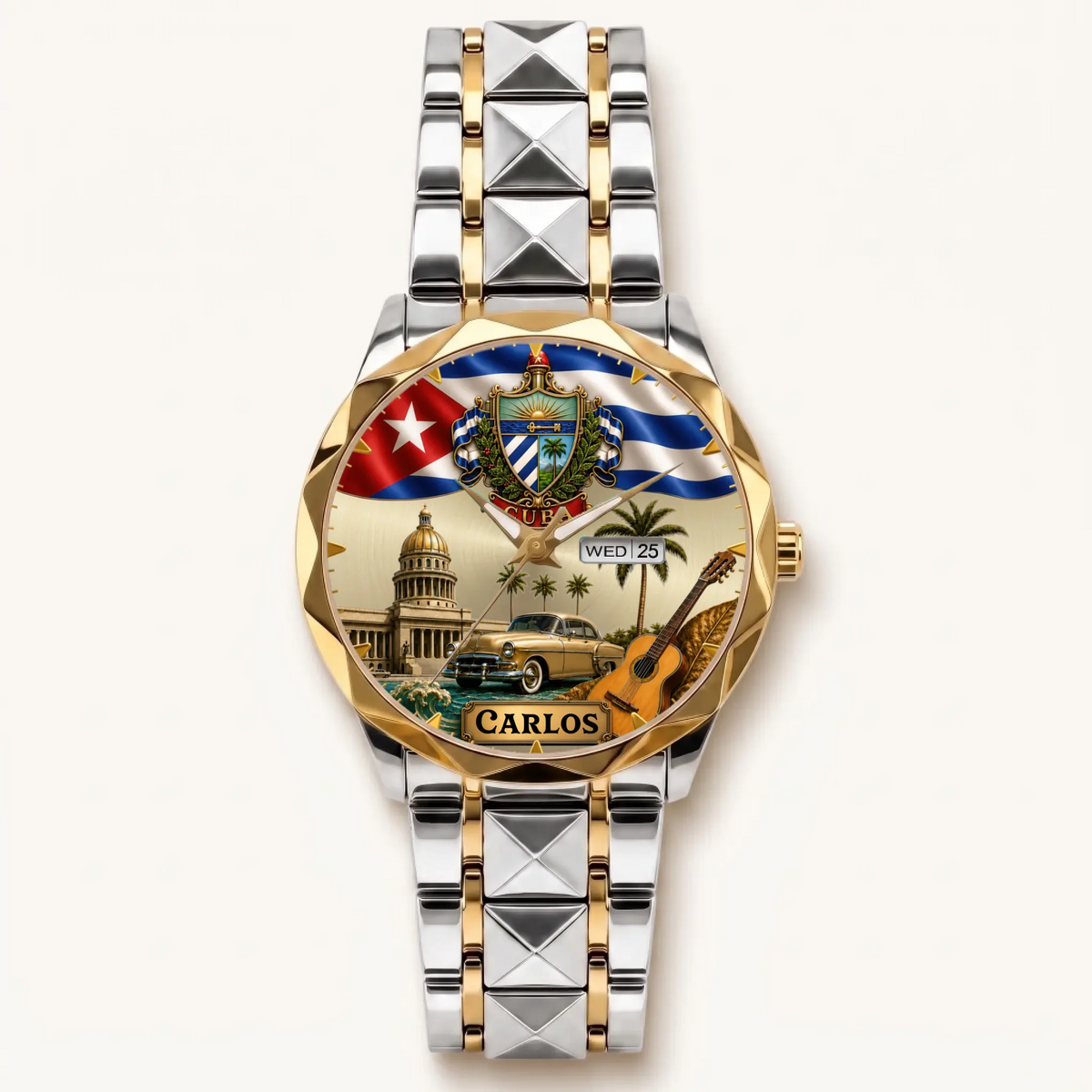 Personalized Cuban heritage watch - two-tone bracelet with gold-tone bezel