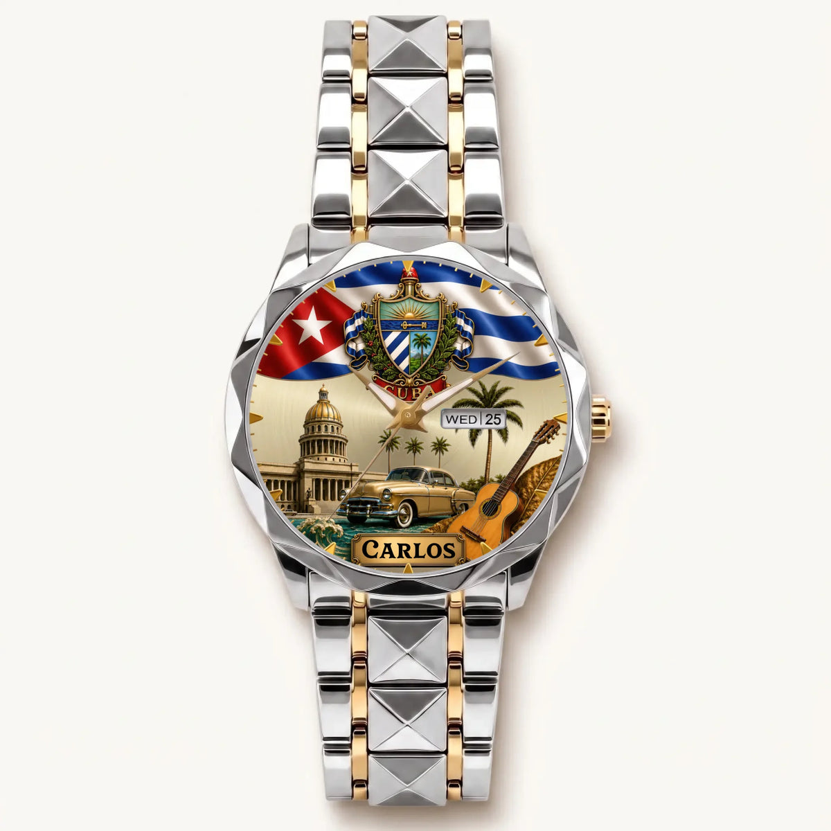 Personalized Cuban heritage watch - two-tone bracelet with silver-tone bezel