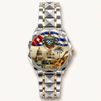 Personalized Cuban heritage watch - two-tone bracelet with silver-tone bezel