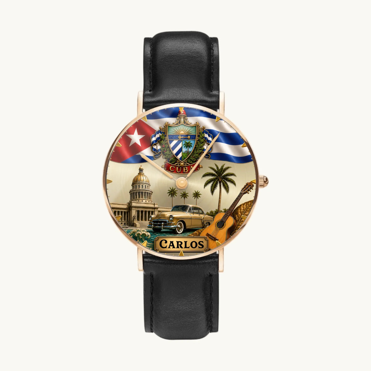 Personalized Cuban heritage watch - rose-gold-tone case and black leather strap, front view