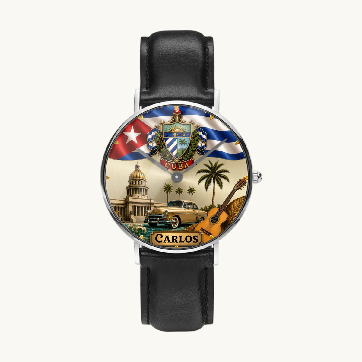 Personalized Cuban heritage watch - silver-tone case and black leather strap, front view