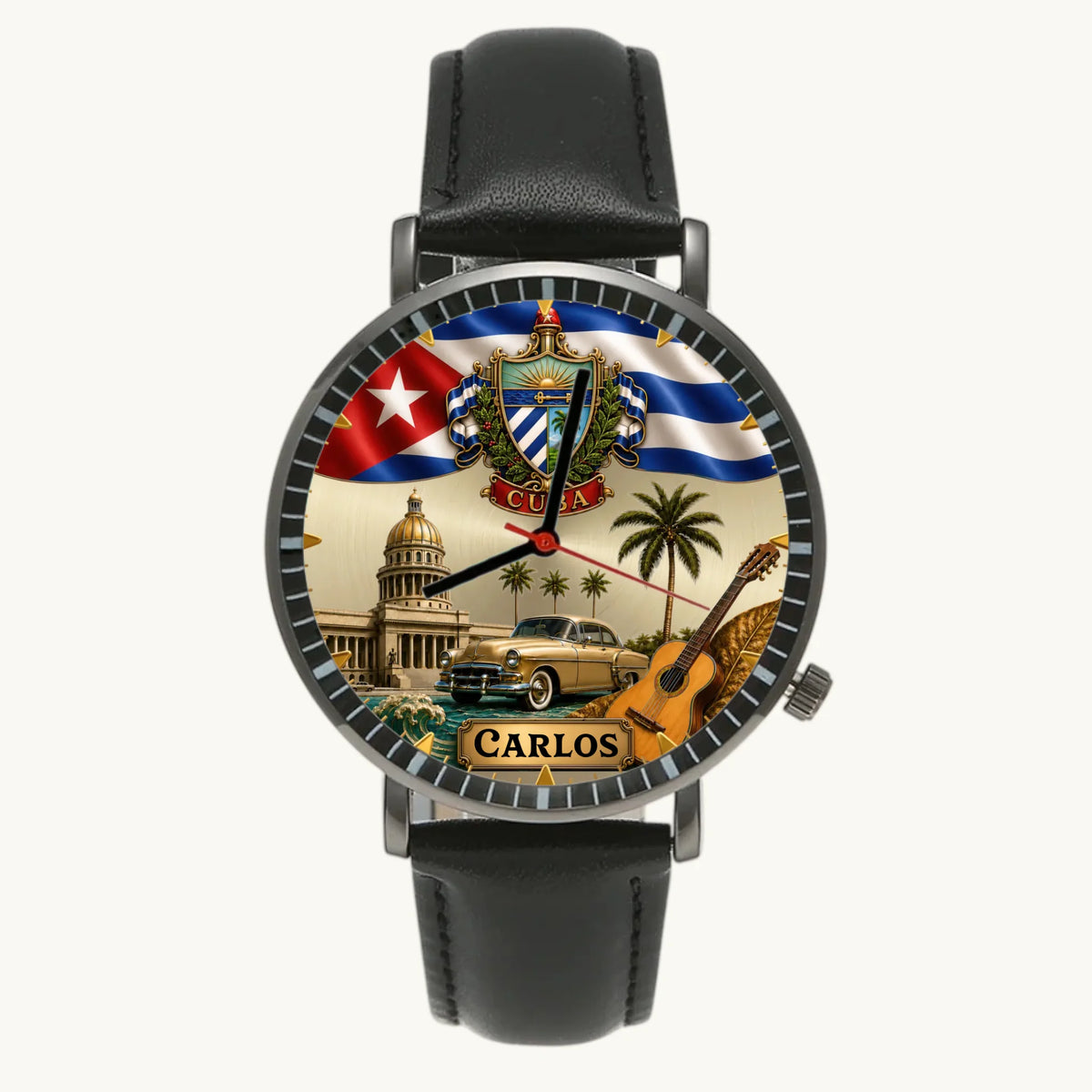 Personalized Cuban heritage watch - black case and black leather strap, front view