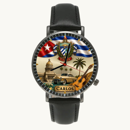 Personalized Cuban heritage watch - black case and black leather strap, front view