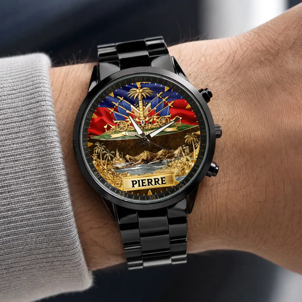 Personalized Haitian pride watch - black metal bracelet worn with a gray sweater