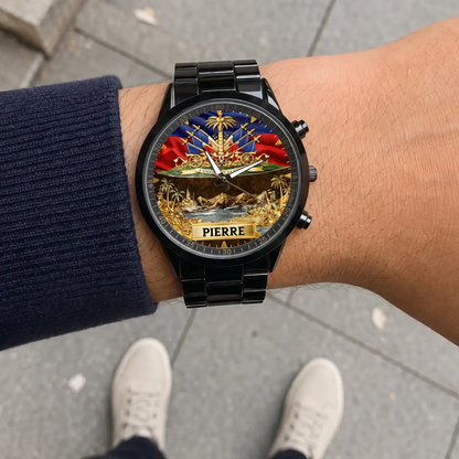 Personalized Haitian pride watch - black metal bracelet worn outdoors