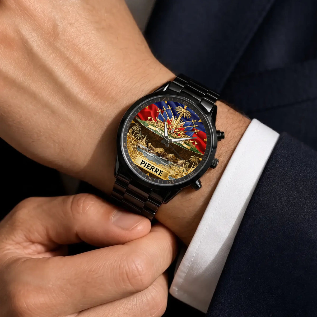 Personalized Haitian pride watch - black metal bracelet worn with a suit