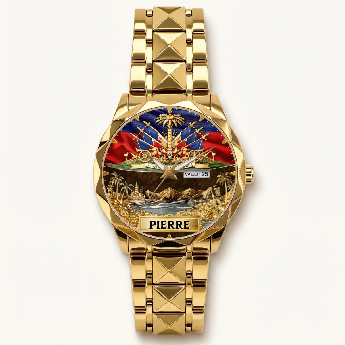 Personalized Haitian pride watch - gold-tone faceted bracelet and day-date display