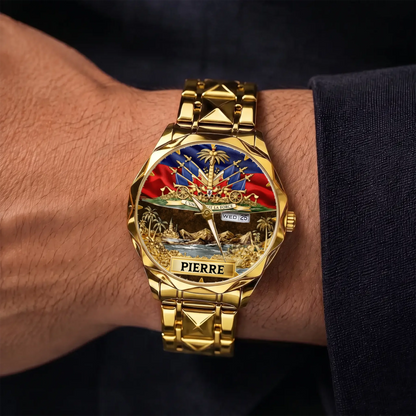 Personalized Haitian pride watch - gold-tone faceted bracelet shown on the wrist