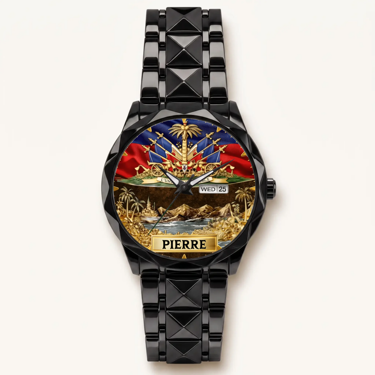Personalized Haitian pride watch - black faceted bracelet and day-date display