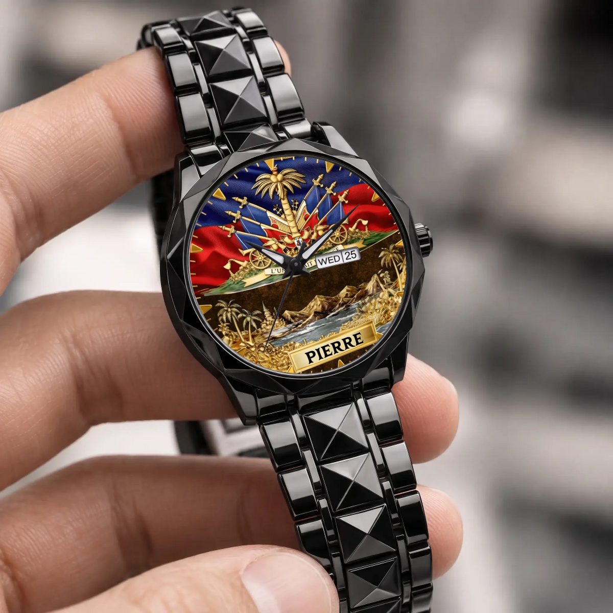 Personalized Haitian pride watch - black faceted bracelet held in a hand