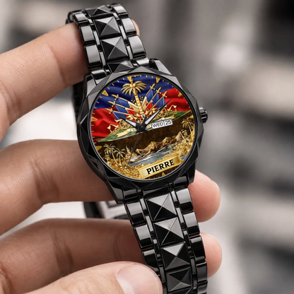 Personalized Haitian pride watch - black faceted bracelet held in a hand