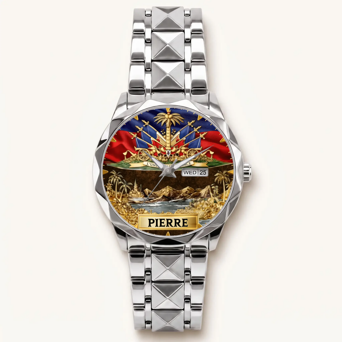 Personalized Haitian pride watch - silver-tone faceted bracelet and day-date display