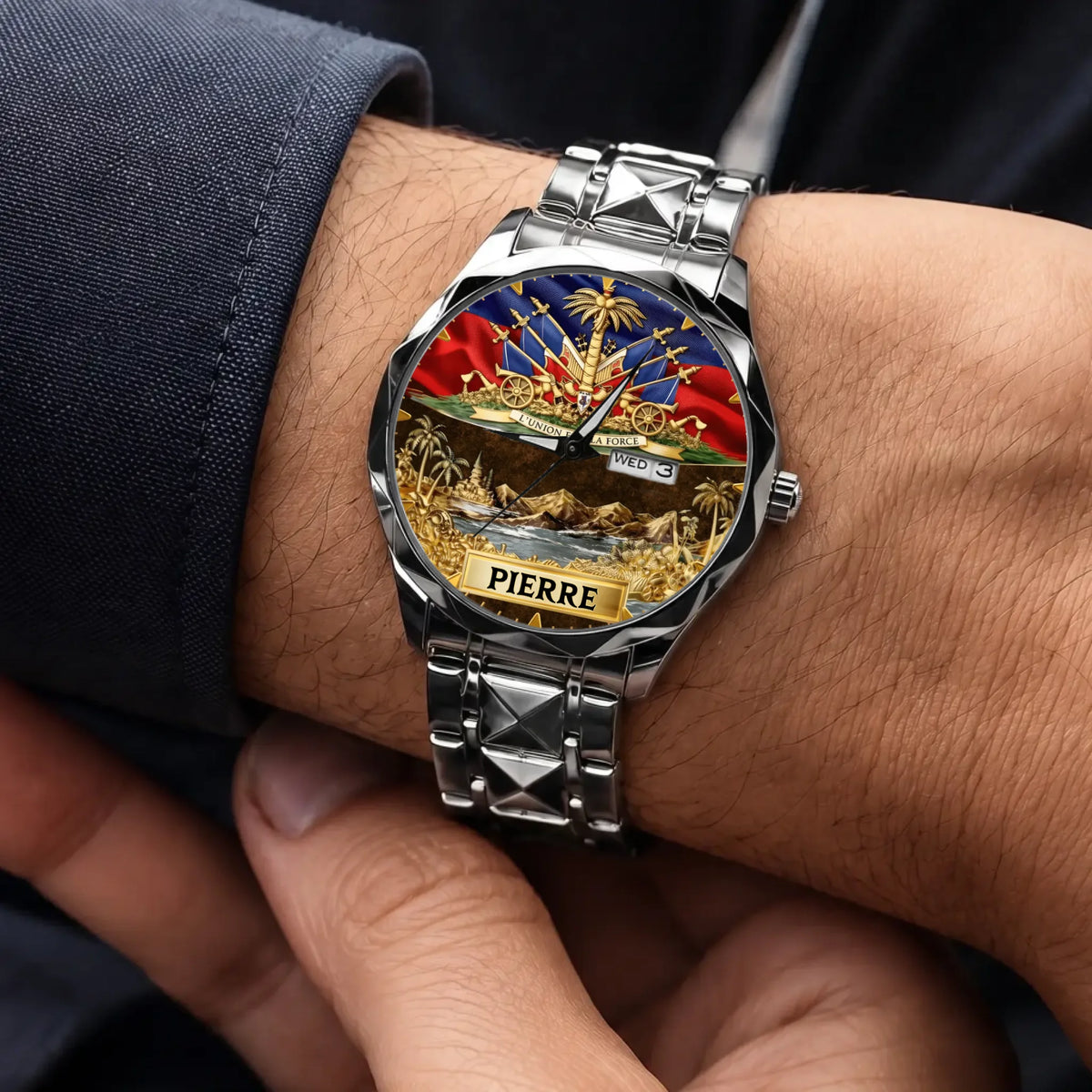 Personalized Haitian pride watch - silver-tone faceted bracelet worn with a suit