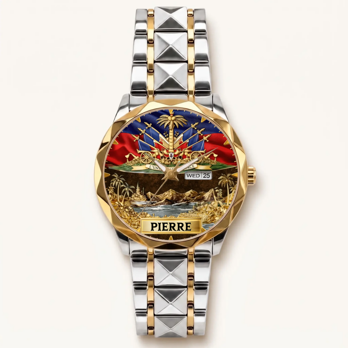 Personalized Haitian pride watch - two-tone bracelet with gold-tone bezel