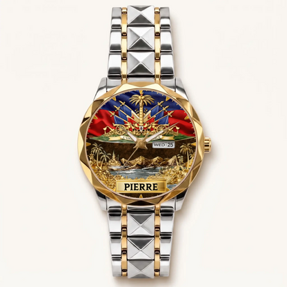 Personalized Haitian pride watch - two-tone bracelet with gold-tone bezel