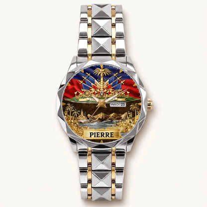 Personalized Haitian pride watch - two-tone bracelet with silver-tone bezel