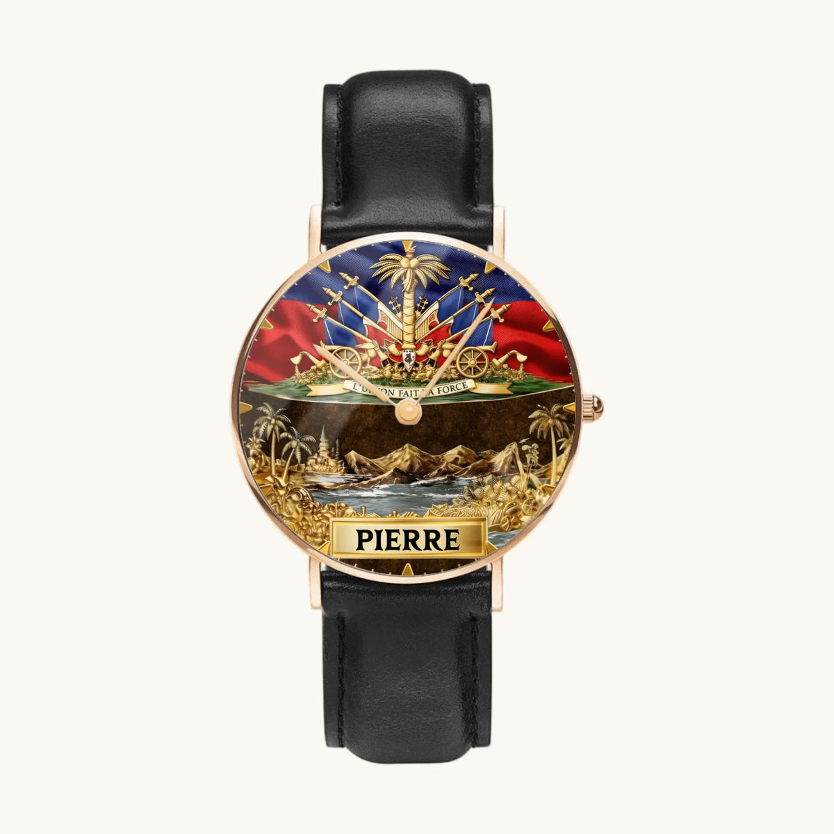 Personalized Haitian pride watch - rose-gold-tone case and black leather strap, front view