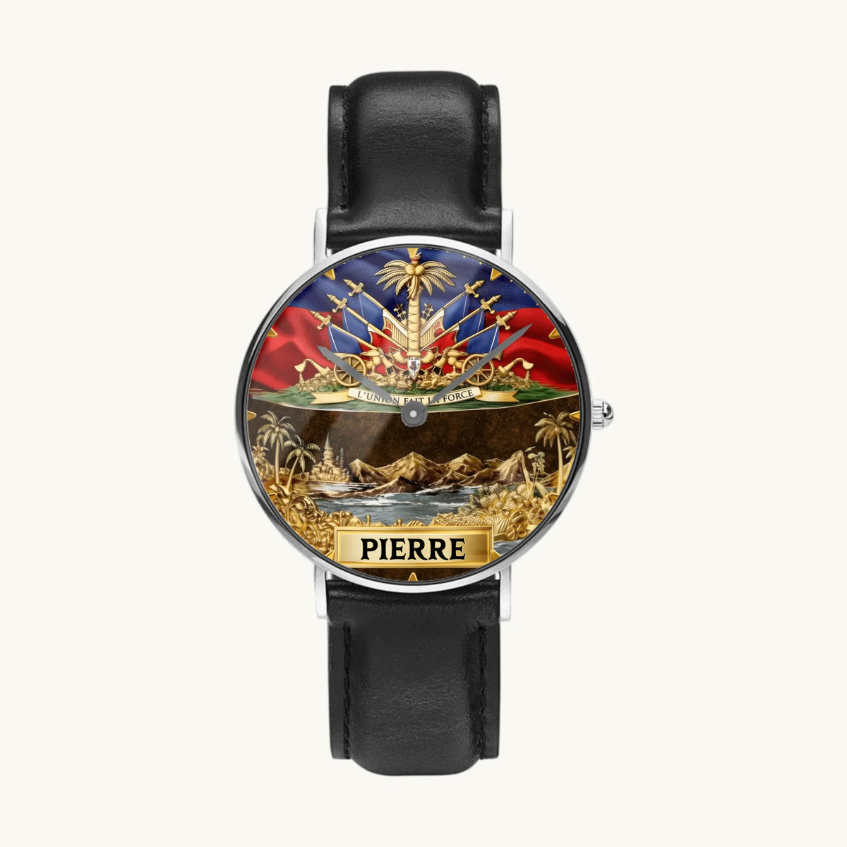 Personalized Haitian pride watch - silver-tone case and black leather strap, front view