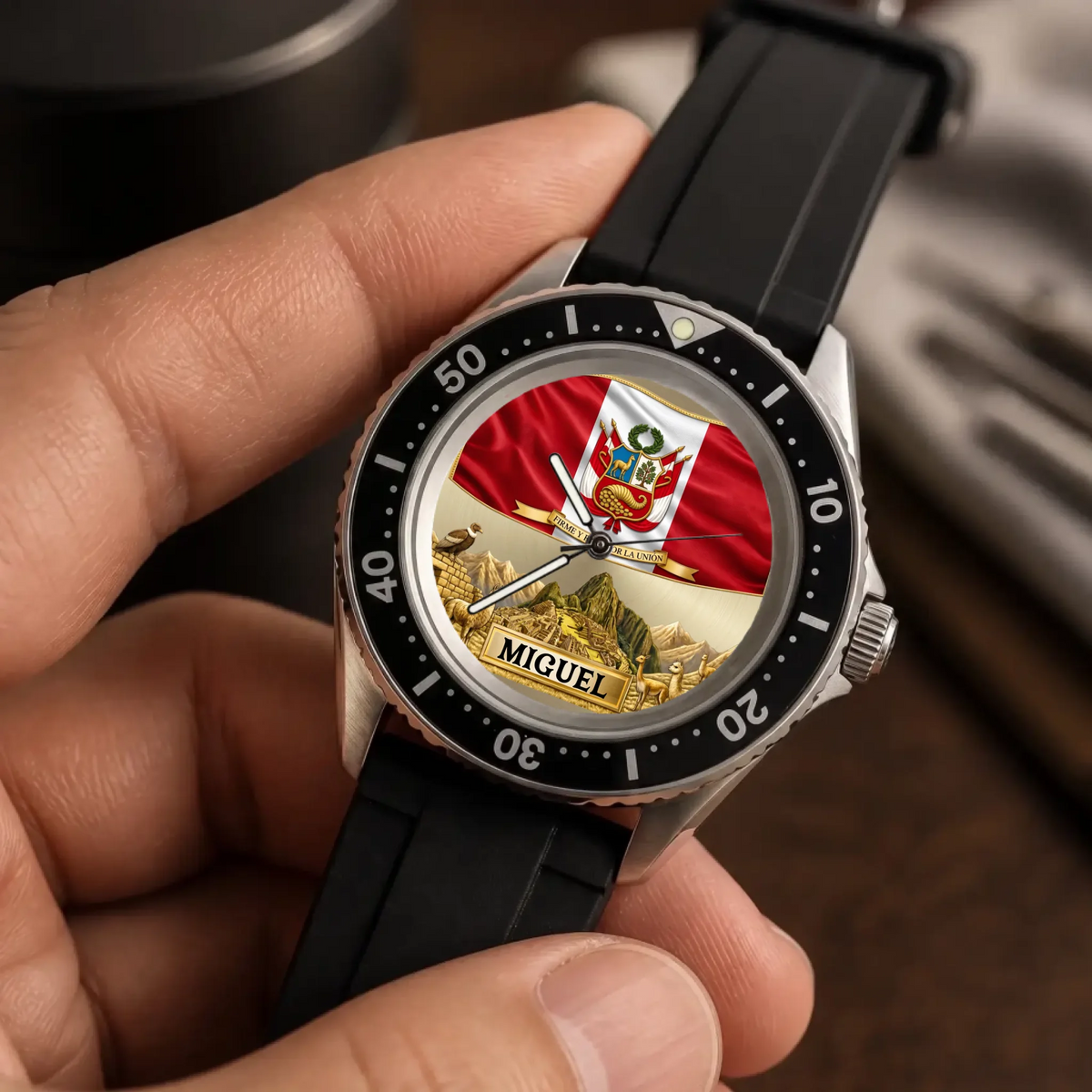 Personalized Peruvian Rift Diver watch - dial and numbered black bezel, handheld close-up