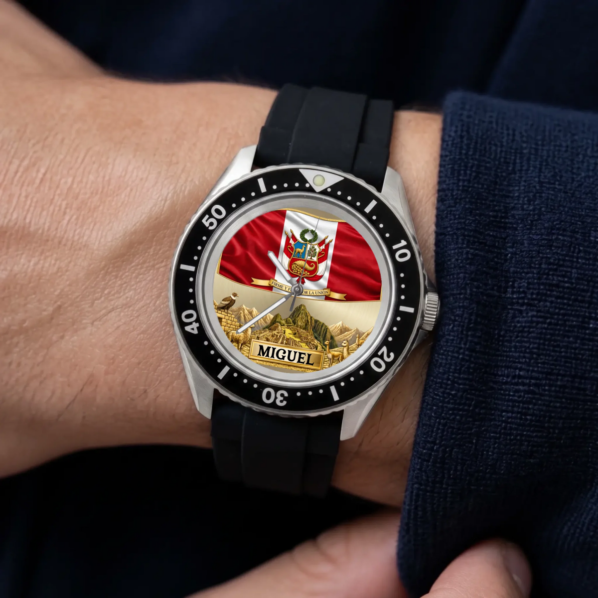 Personalized Peruvian Rift Diver watch - black strap shown on the wrist with a dark sleeve