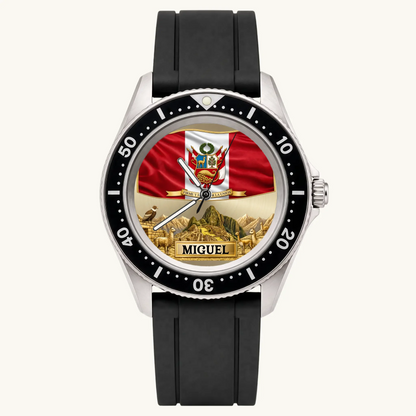 Personalized Peruvian Rift Diver watch with Peruvian flag, coat of arms and custom name, black strap