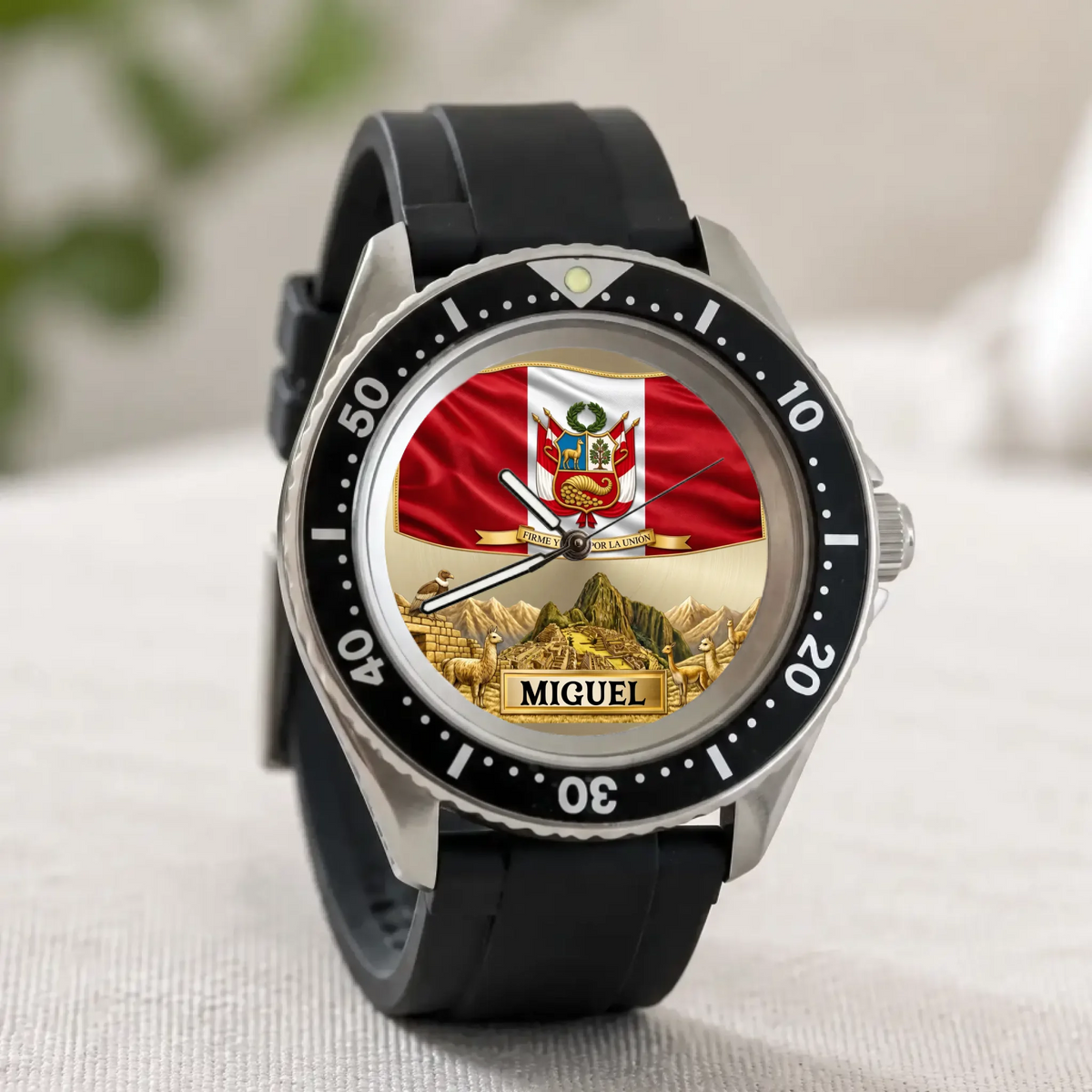 Personalized Peruvian Rift Diver watch - black strap displayed upright on a light surface