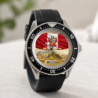 Personalized Peruvian Rift Diver watch - black strap displayed upright on a light surface